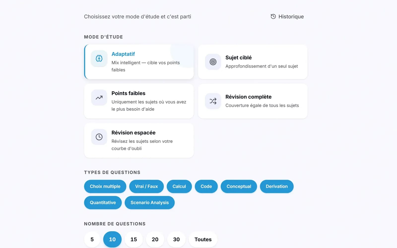 Capture d'une session de questionnaire adaptatif dans Lectur : une question sur la réplication de l'ADN avec la barre latérale de maîtrise de l'étudiant.