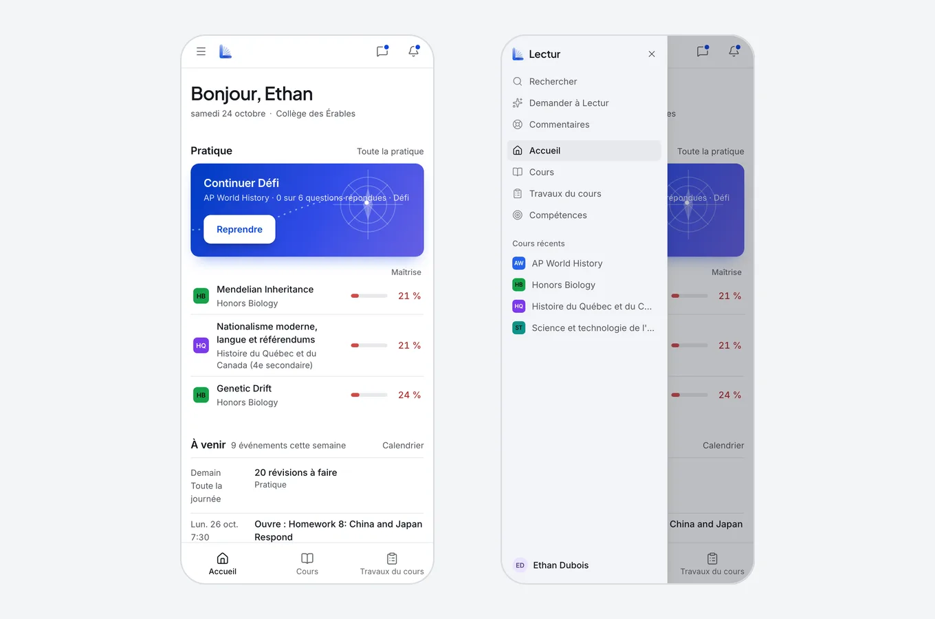 Deux téléphones : l'accueil d'un élève avec la barre d'onglets, et le menu ouvert avec la recherche, Demander à Lectur et Commentaires.