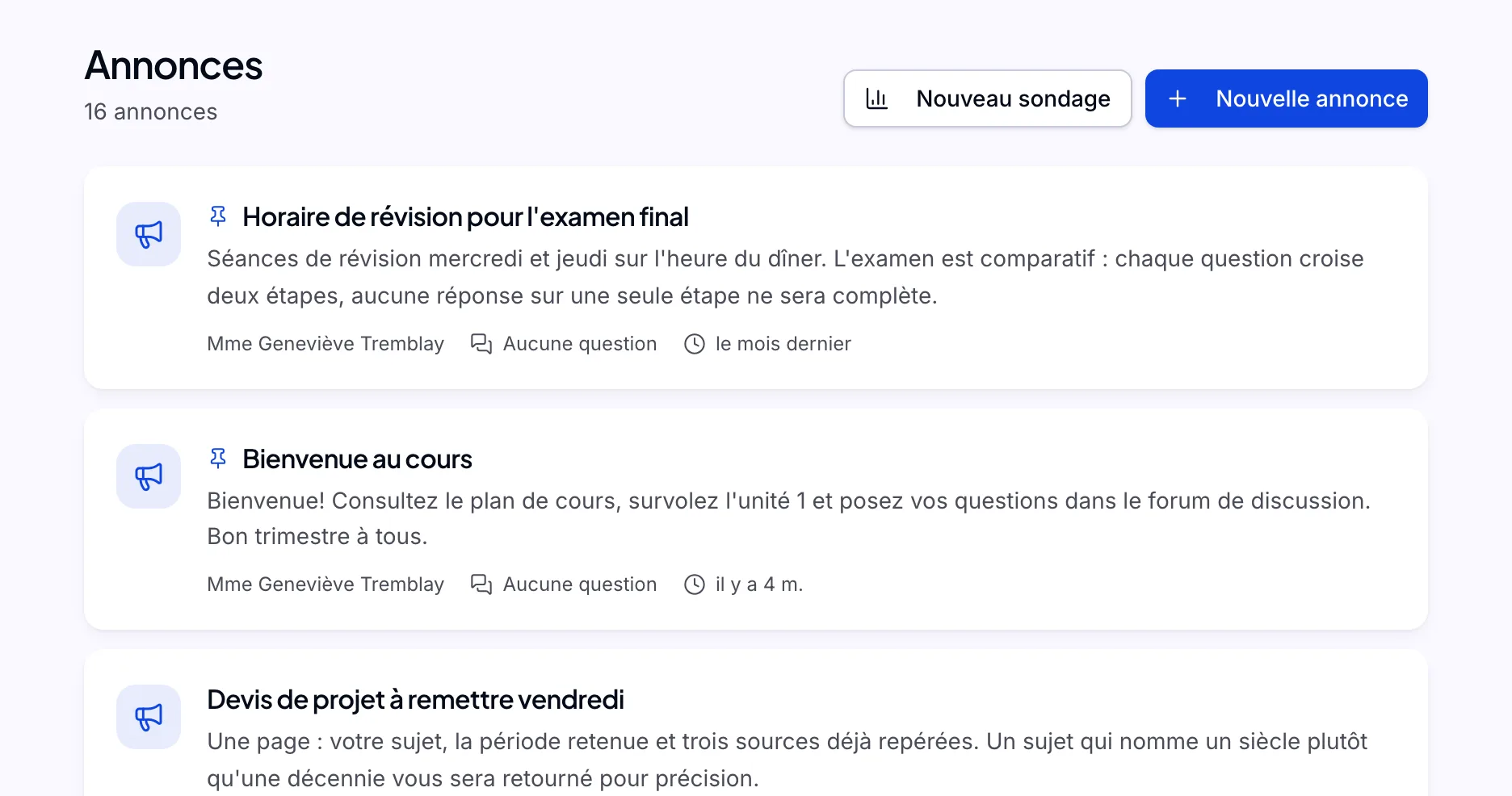 L’écran Annonces et sondages dans Lectur