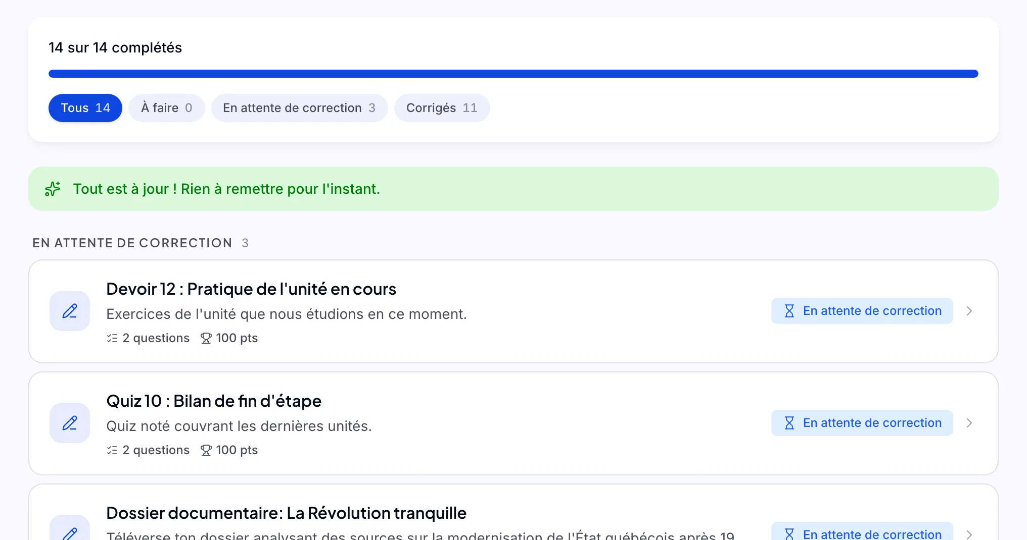 L’écran Travaux du cours dans Lectur