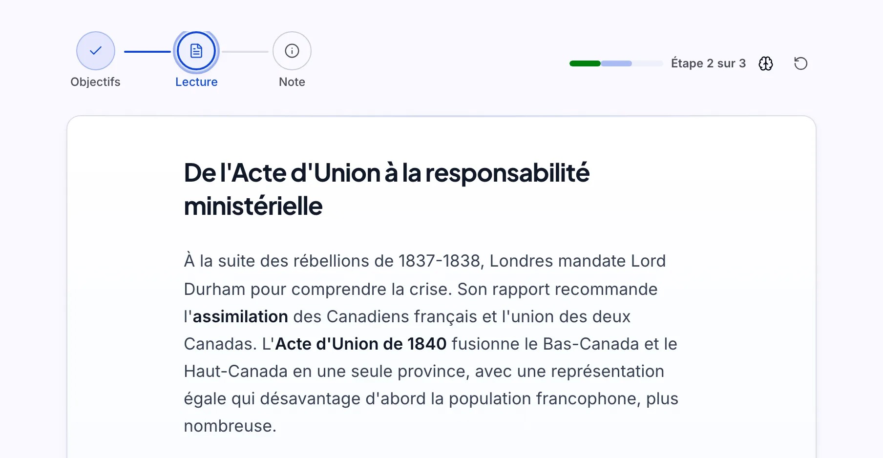 L’écran Leçons dans Lectur